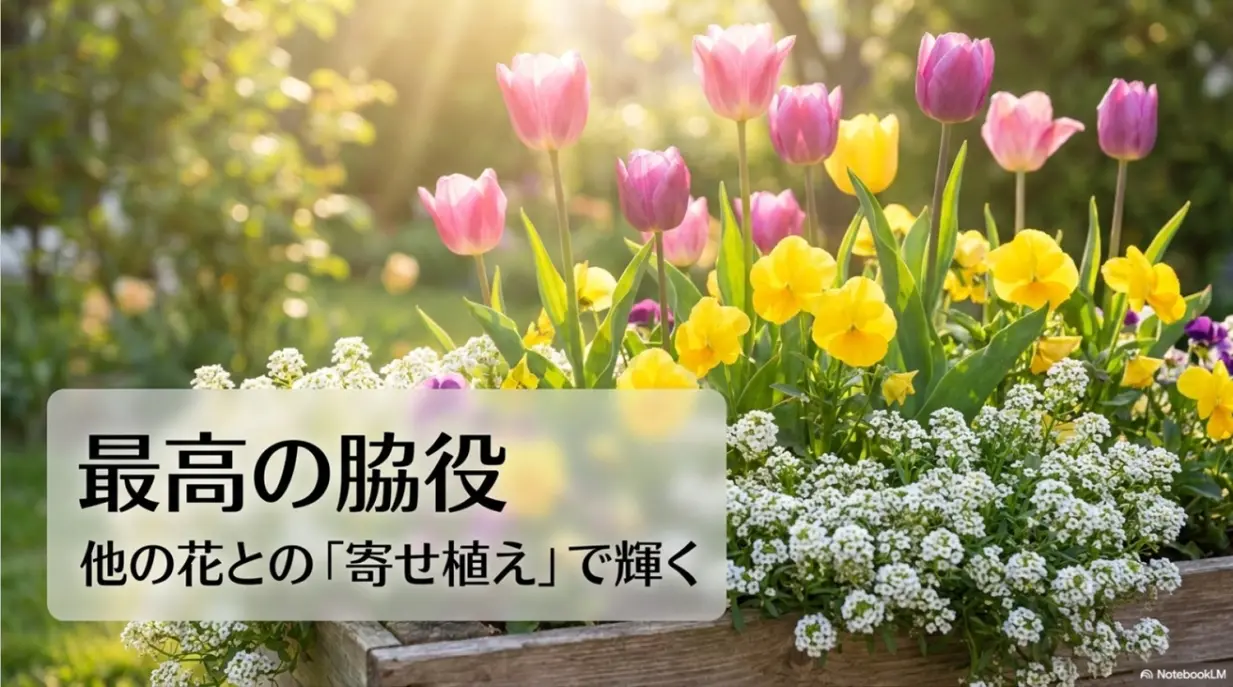 他の花との寄せ植えの脇役として活躍するアリッサムの解説スライド