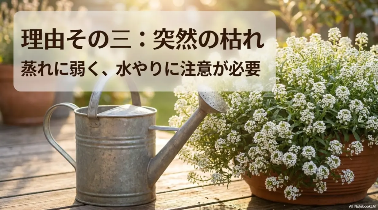 蒸れに弱く水やりに注意が必要なアリッサムの枯れる原因スライド