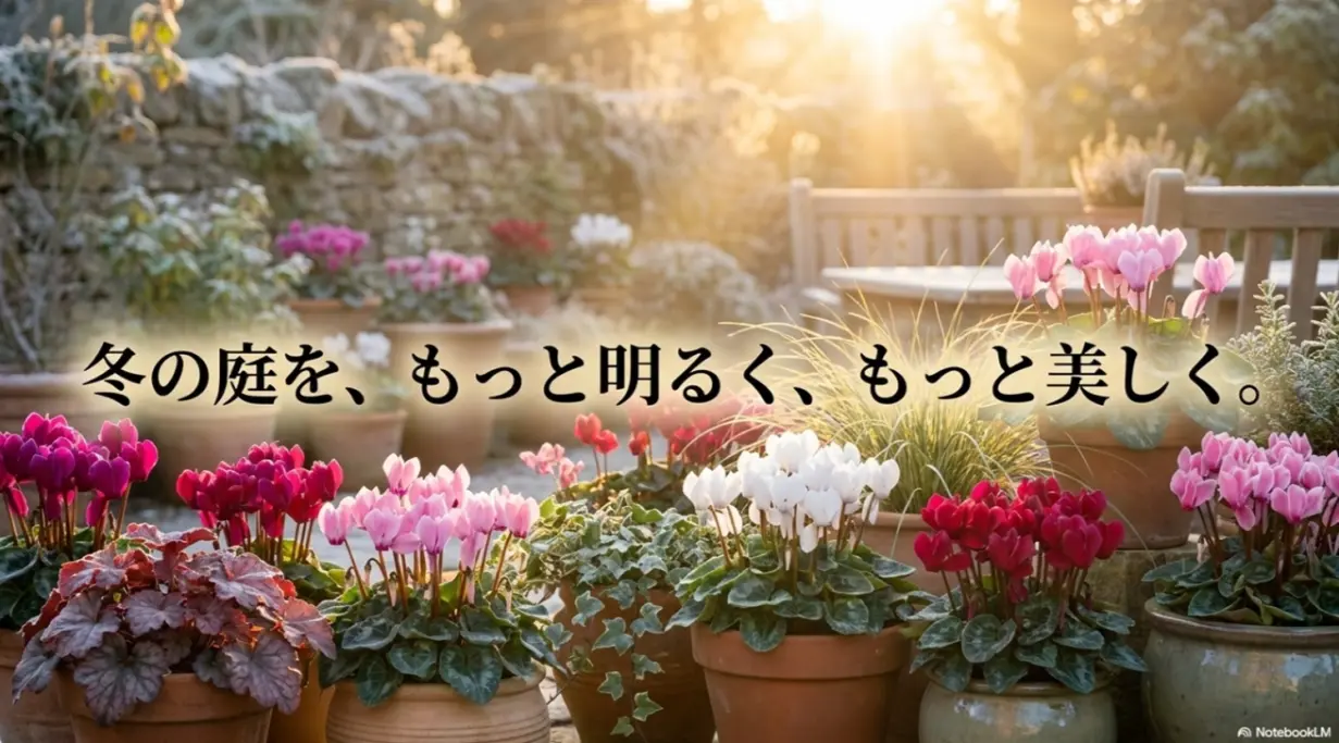 ガーデンシクラメンの寄せ植えで冬の庭を明るく美しく彩るための総括スライド
