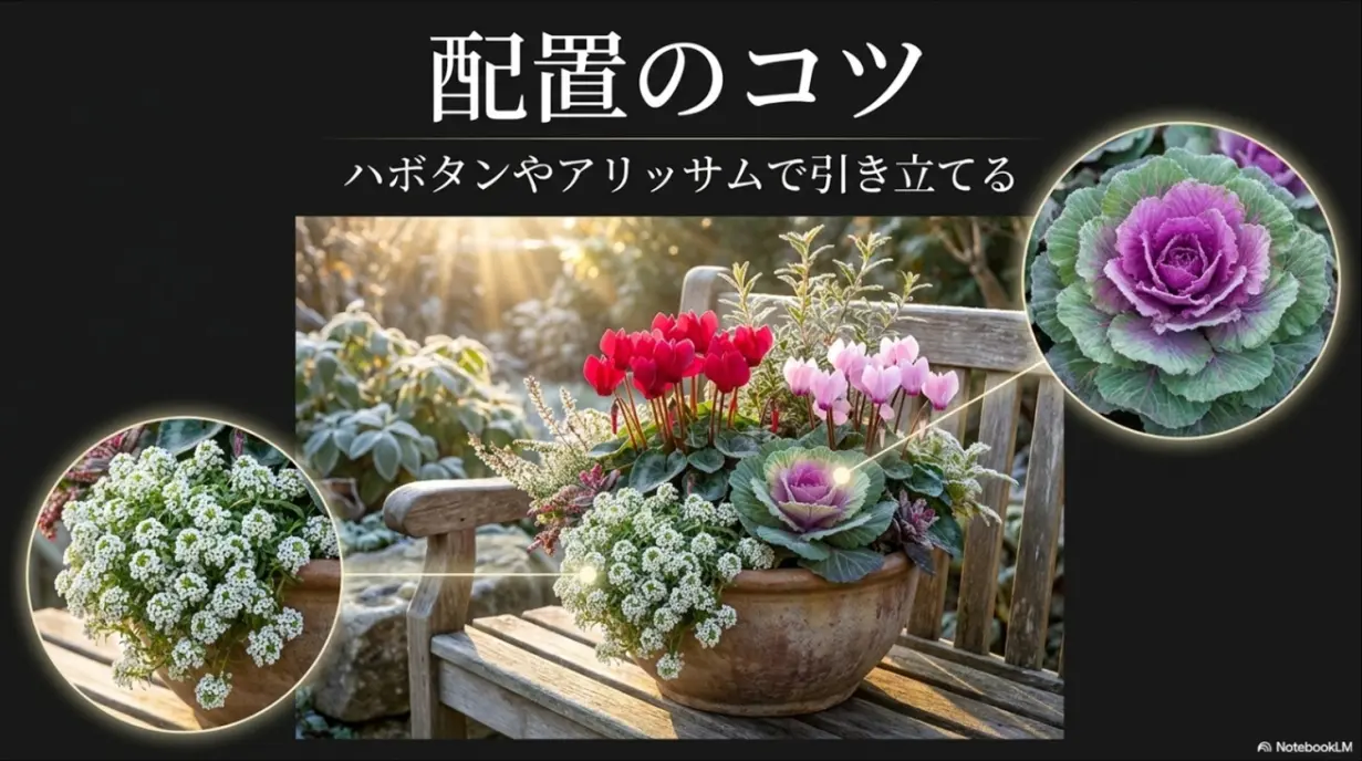 ハボタンやアリッサムを使ってガーデンシクラメンを引き立てる配置のコツスライド