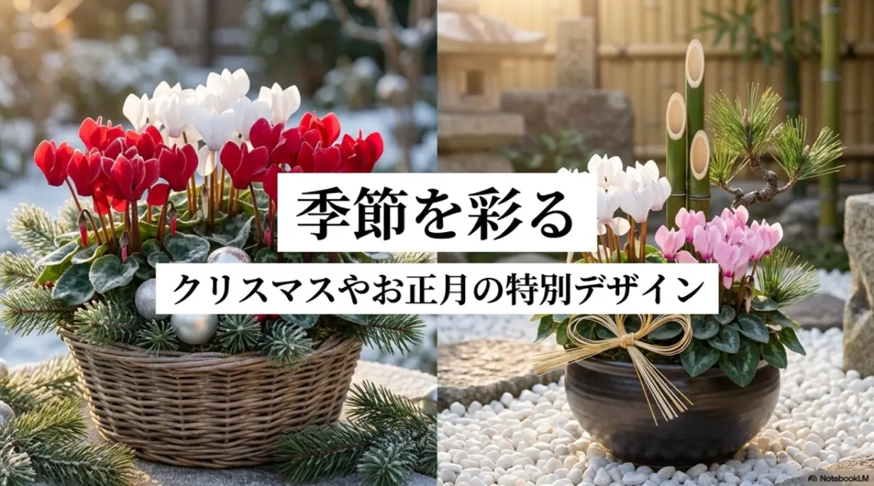 クリスマスやお正月に合わせたガーデンシクラメンの寄せ植えデザインを紹介するスライド