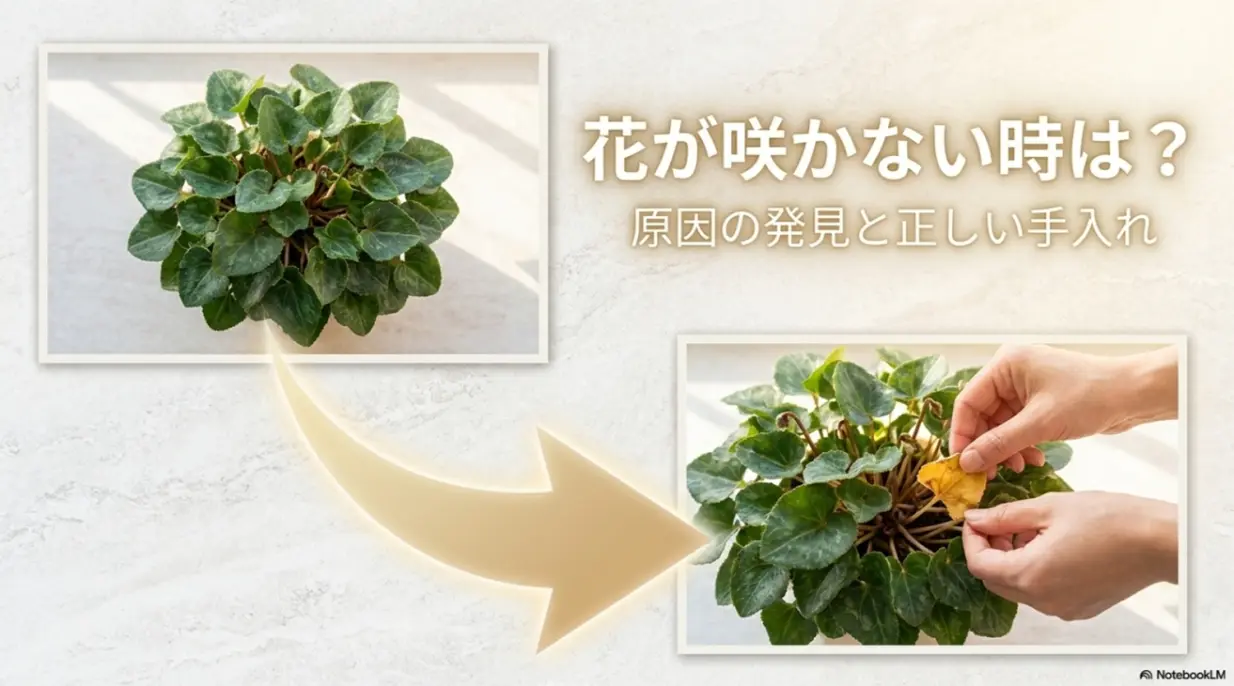 ガーデンシクラメンの花が咲かない時の原因発見と正しい手入れ方法スライド
