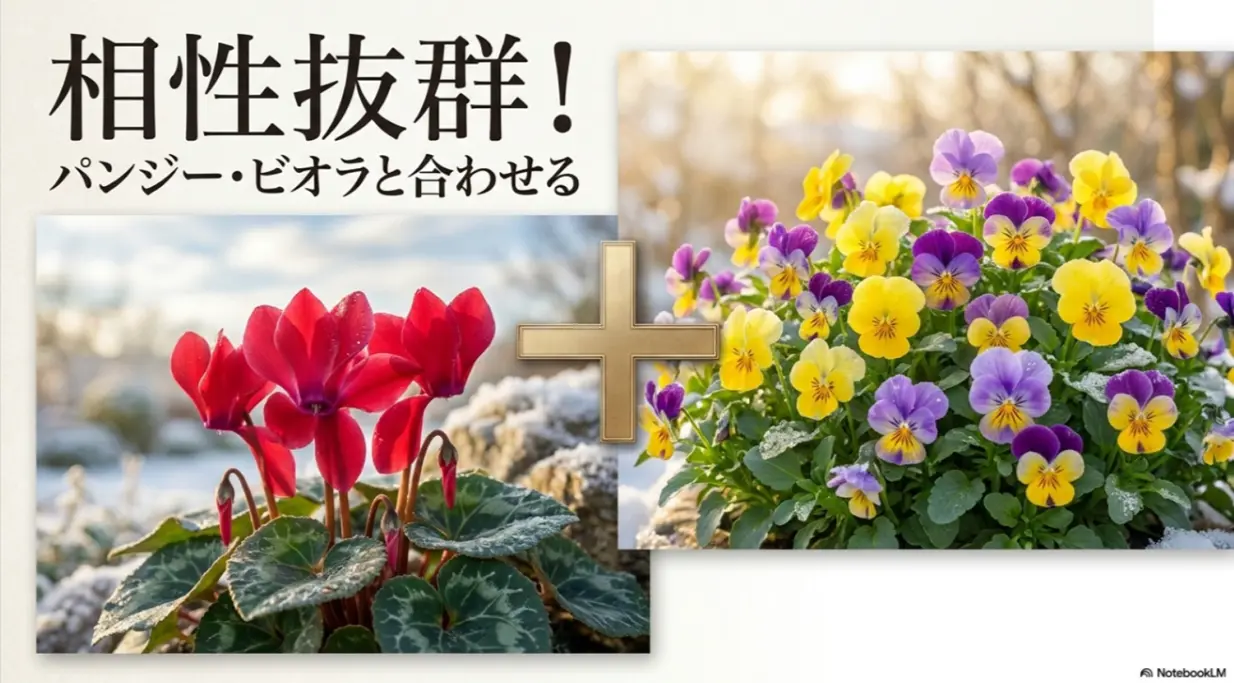 ガーデンシクラメンと相性抜群なパンジーやビオラとの組み合わせを解説するスライド