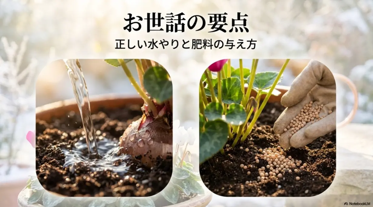 ガーデンシクラメンのお世話の要点となる正しい水やりと肥料の与え方スライド