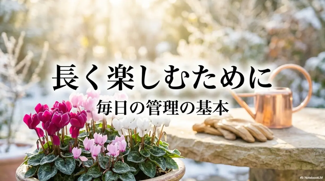 ガーデンシクラメンを長く楽しむための毎日の管理の基本スライド