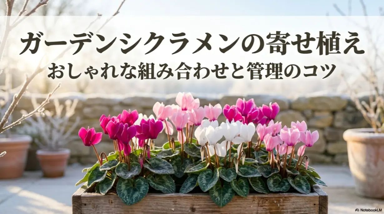 ガーデンシクラメンの寄せ植えをおしゃれに仕上げる組み合わせと管理のコツを解説する表紙スライド