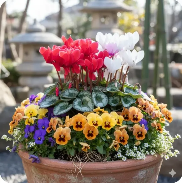 ガーデンシクラメンの寄せ植えはパンジーやビオラとの相性抜群