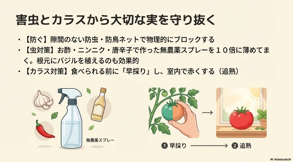 防鳥ネットや手作り無農薬スプレー、早採り・追熟による害虫とカラス対策