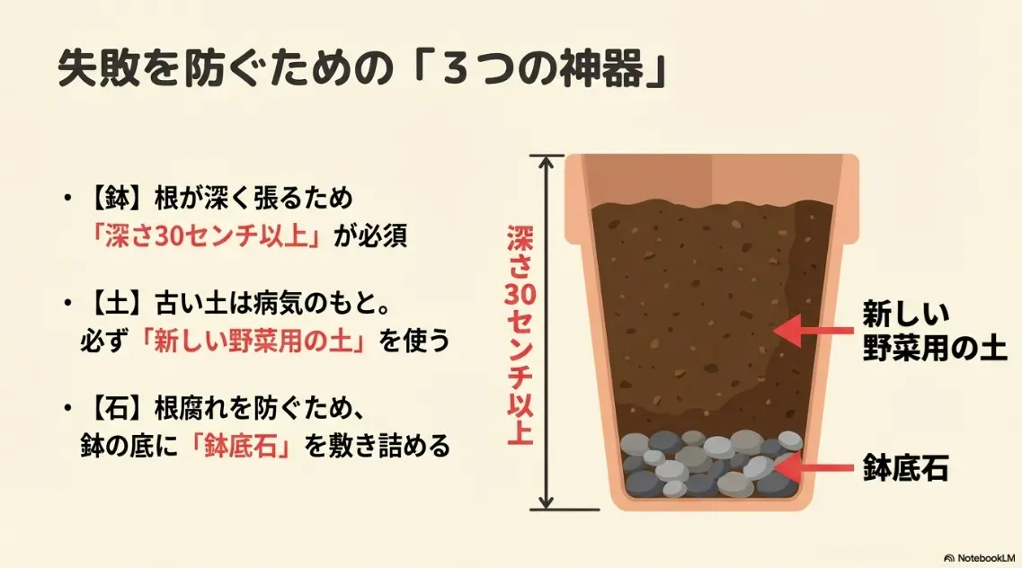 ミニトマト栽培に必要な深さ30センチ以上の鉢、新しい野菜用の土、鉢底石