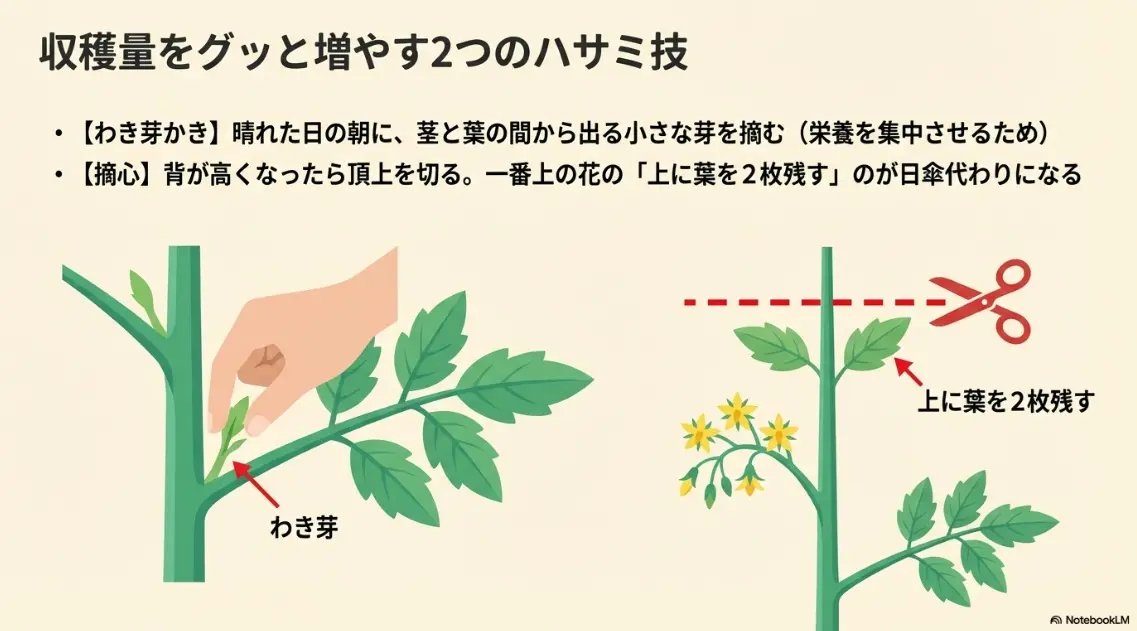 わき芽かきのやり方と、一番上の花の葉を2枚残す摘心のコツ