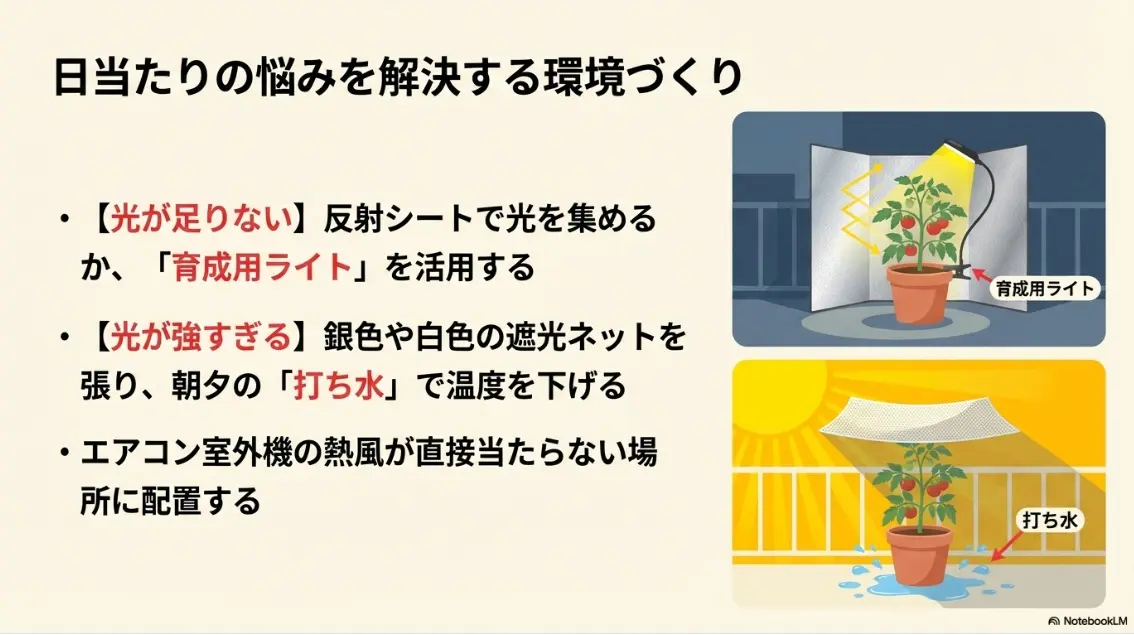 光不足対策の育成用ライトや反射シート、強すぎる光対策の遮光ネットと打ち水
