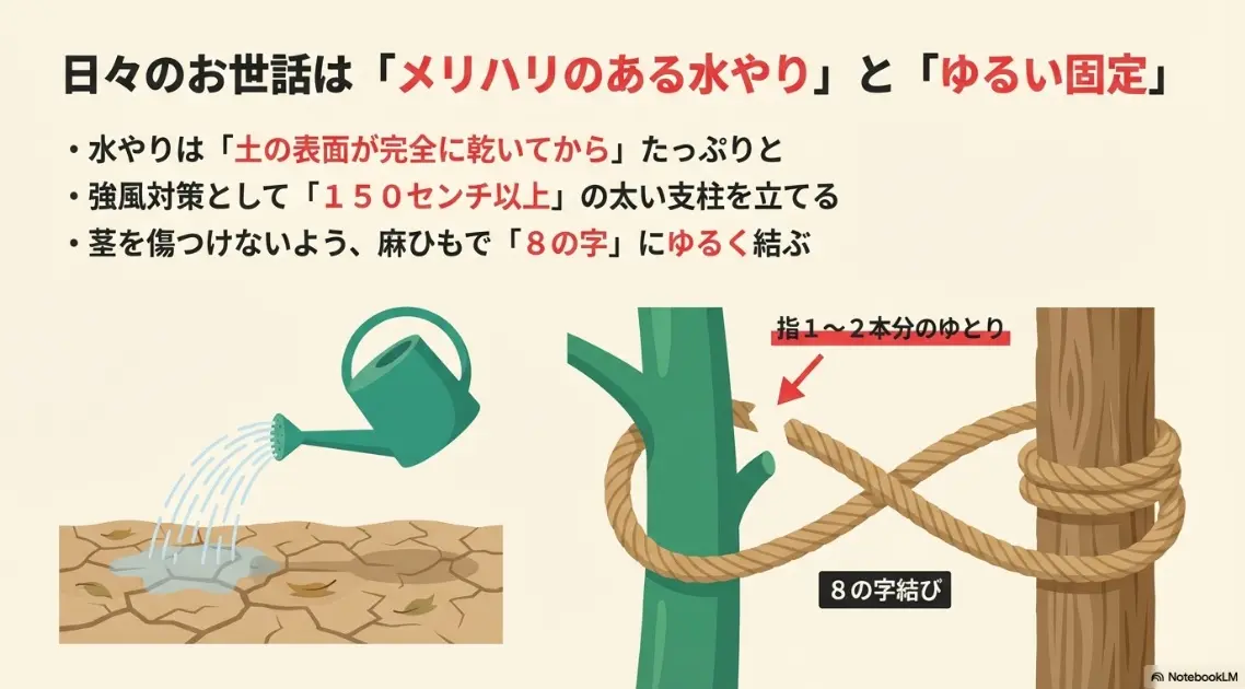 表面が乾いてからの水やりと、麻ひもを使った支柱への8の字結びでのゆるい固定
