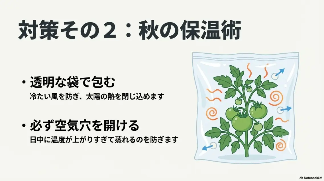 透明な袋で包んで太陽の熱を閉じ込め、空気穴を開けて蒸れを防ぐ秋の保温術の図解