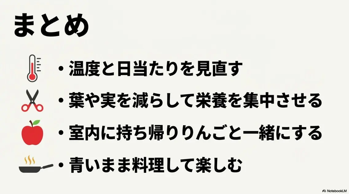 温度と日当たりの見直し、葉や実を減らす、室内での追熟、青いまま料理する、という4つの対策まとめ