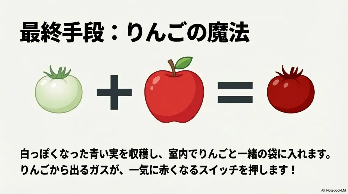 青いトマトとりんごを一緒に袋に入れ、りんごから出るエチレンガスで追熟を促す方法の図解