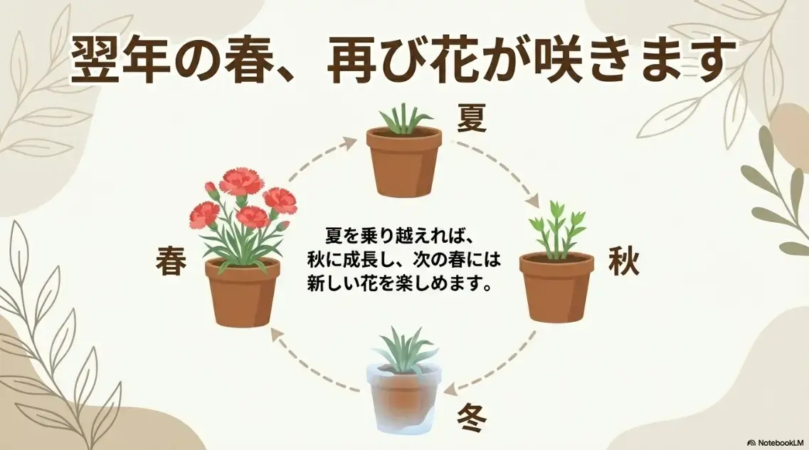 正しい手入れによって翌年の春に再び花が咲くカーネーション