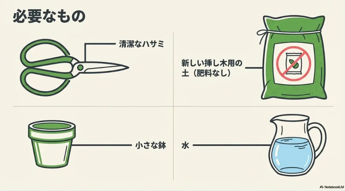 カーネーションの挿し木に必要な無肥料の土やハサミなどの道具一覧