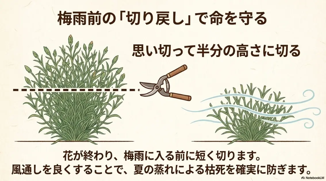 カーネーションの命を守る梅雨前の切り戻し