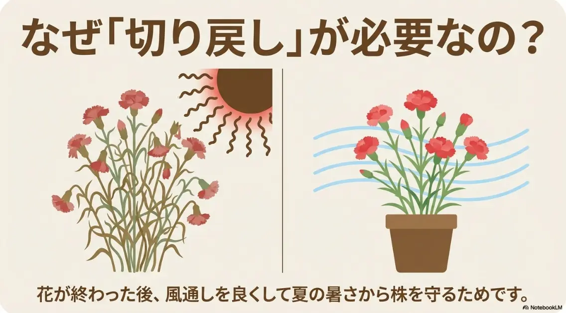 カーネーションの切り戻しに最適な時期(梅雨前と秋)と開花終了のサイン
