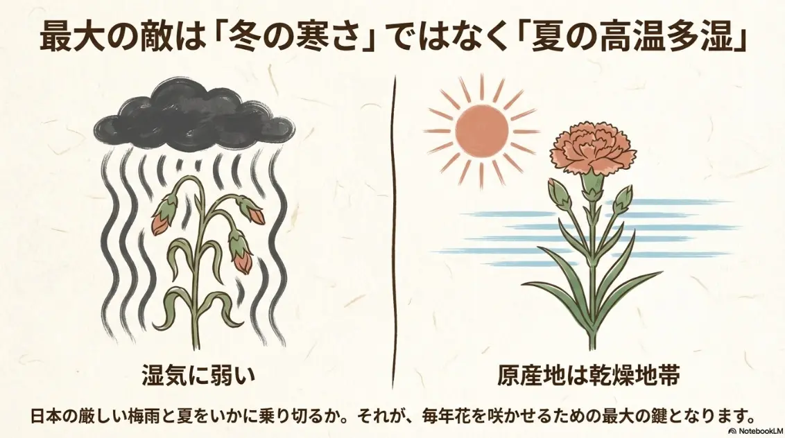 カーネーション最大の敵は冬の寒さではなく夏の高温多湿