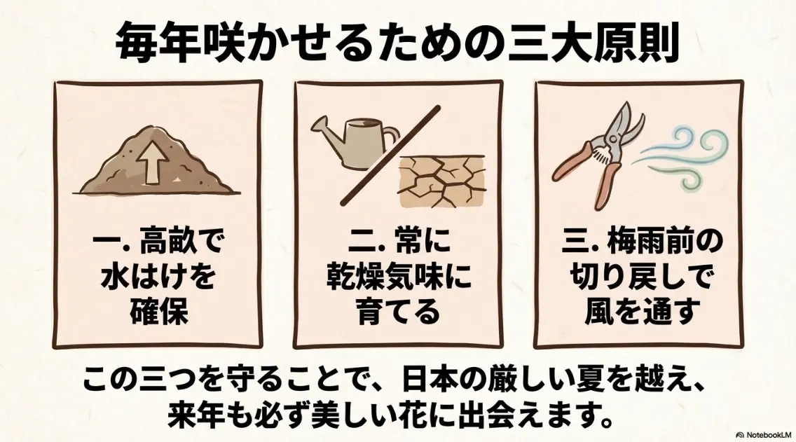 カーネーションを毎年咲かせるための三大原則(高畝で水はけ確保、乾燥気味に育てる、梅雨前の切り戻し)