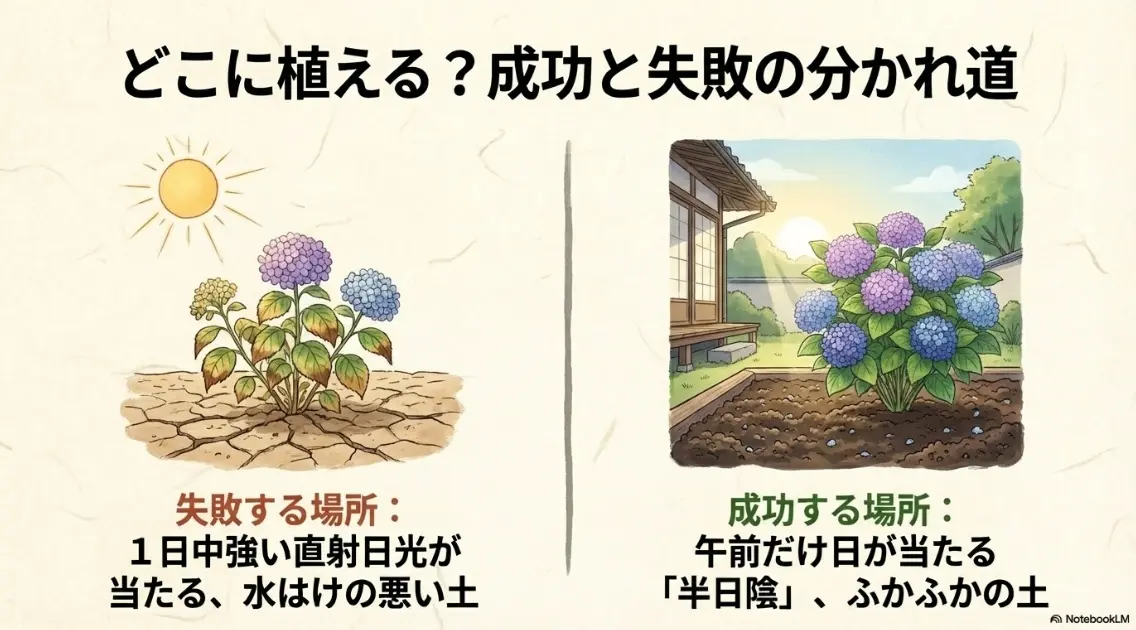 紫陽花を地植えする場所の比較。失敗する場所は強い直射日光と水はけの悪い土。成功する場所は午前だけ日が当たる半日陰でふかふかの土
