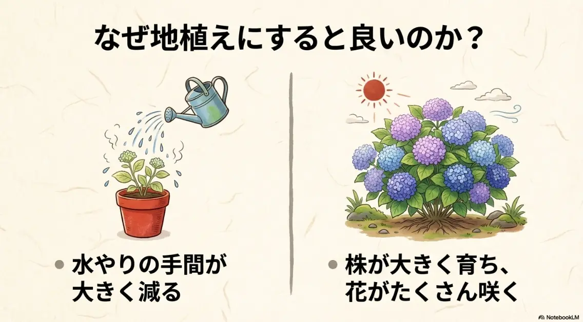 紫陽花を地植えにするメリット。水やりの手間が大きく減り、株が大きく育ち花がたくさん咲く