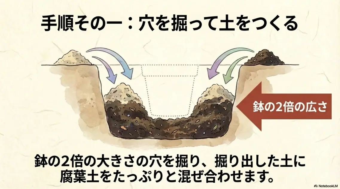 紫陽花の地植え手順1。鉢の2倍の広さの穴を掘り、掘り出した土に腐葉土をたっぷりと混ぜ合わせる