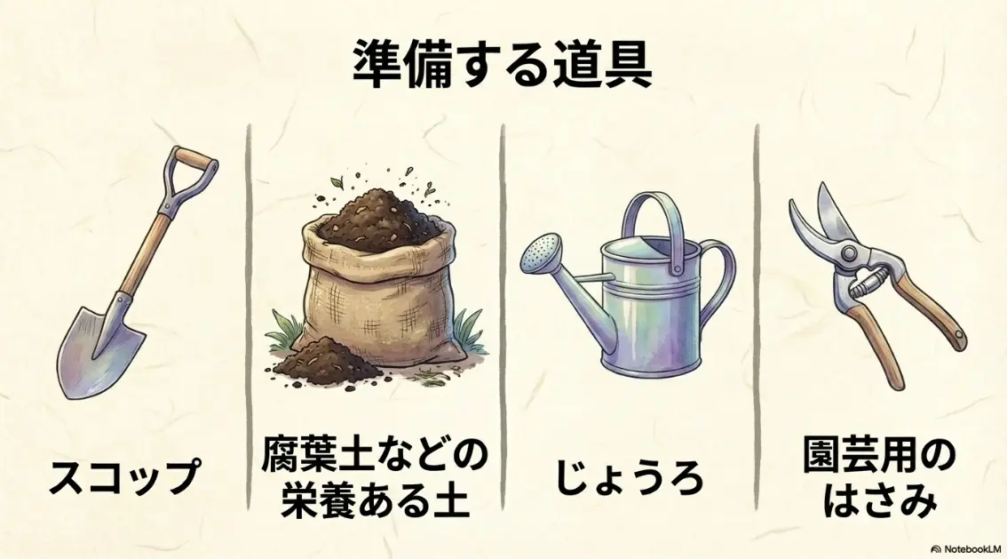 紫陽花の地植え・植え替えに準備する道具。スコップ、腐葉土などの栄養ある土、じょうろ、園芸用はさみ