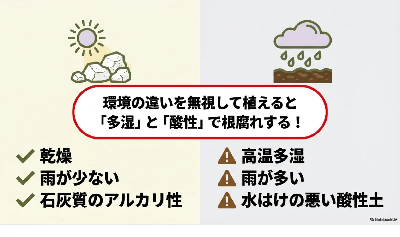 ラベンダーは乾燥と弱アルカリ性を好むため、日本の高温多湿と酸性土壌では根腐れしやすい