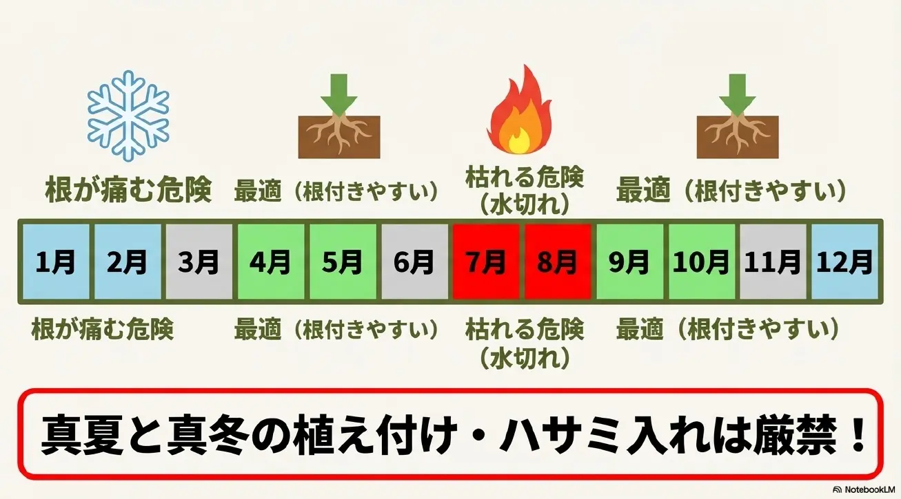 ラベンダーの植え付けや剪定は春と秋が最適で、根が痛む真夏と真冬は厳禁