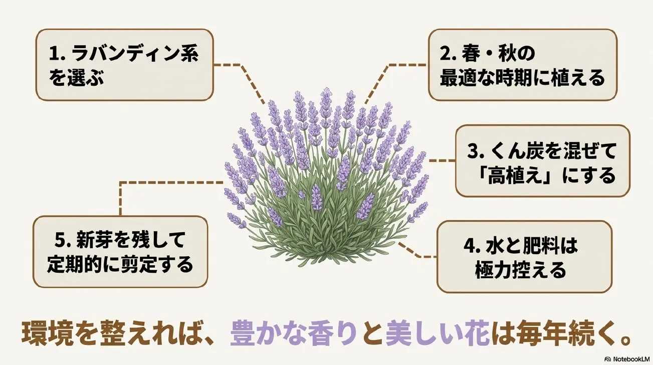 ラバンディン系を選び、春秋に植え、高植えにし、水と肥料を控え、新芽を残して剪定する