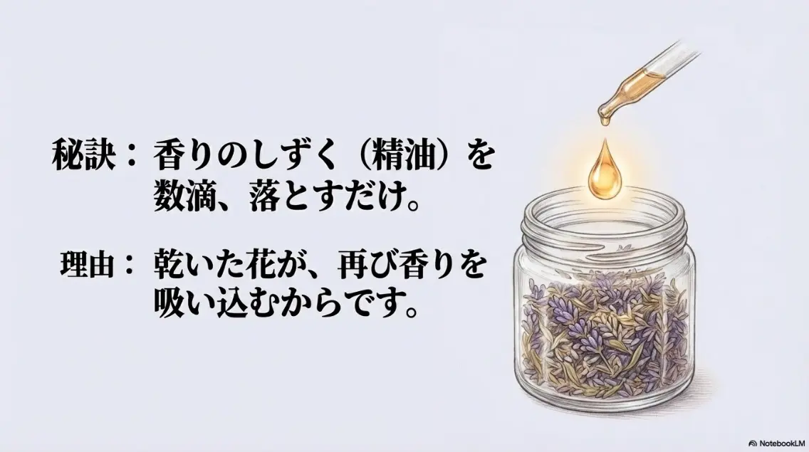 香りを復活させる秘訣:精油を数滴落とすだけ。乾いた花が再び香りを吸い込むため