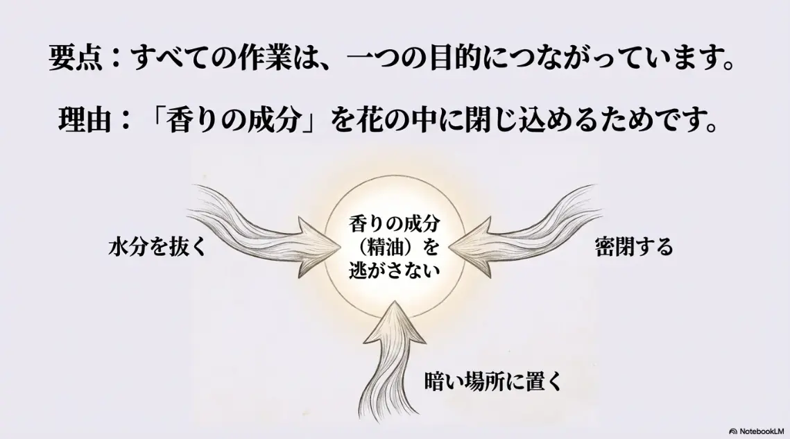 すべての作業は香りの成分を花の中に閉じ込めるため。水分を抜く、暗い場所に置く、密閉することが重要