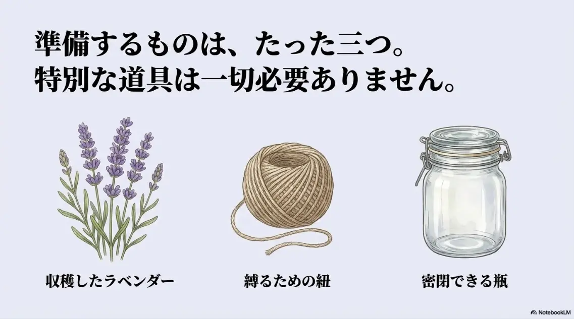 準備するものは、収穫したラベンダー、縛るための紐、密閉できる瓶のたった三つ