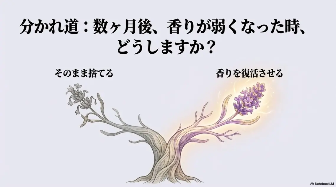 分かれ道:数ヶ月後、香りが弱くなった時どうしますか?そのまま捨てるか、香りを復活させるか