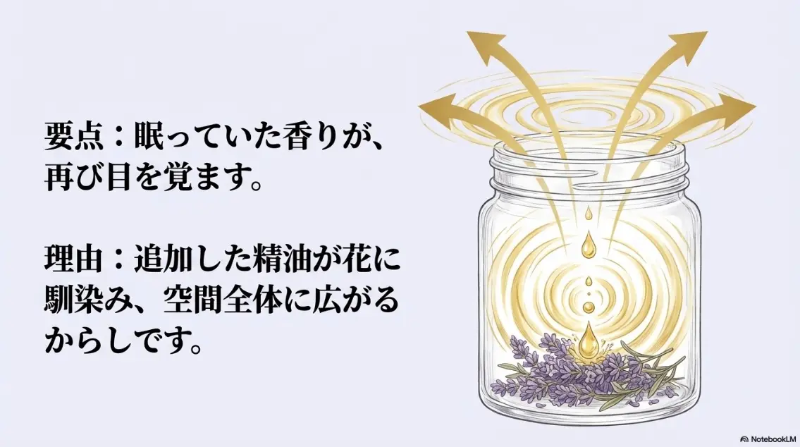 眠っていた香りが再び目を覚ます。追加した精油が花に馴染み、空間全体に広がる