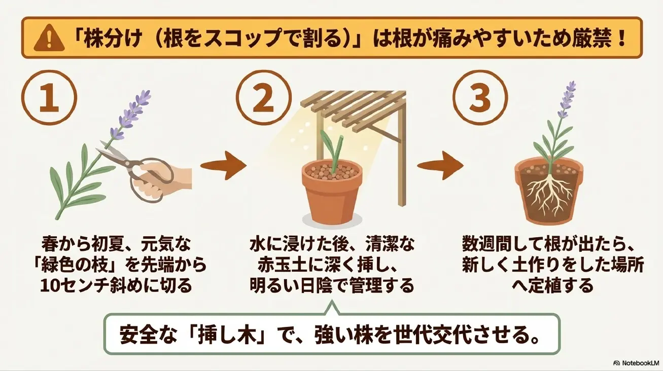 ラベンダーの株分けは厳禁。春から初夏に緑色の枝を切り、赤玉土に挿し木して増やす