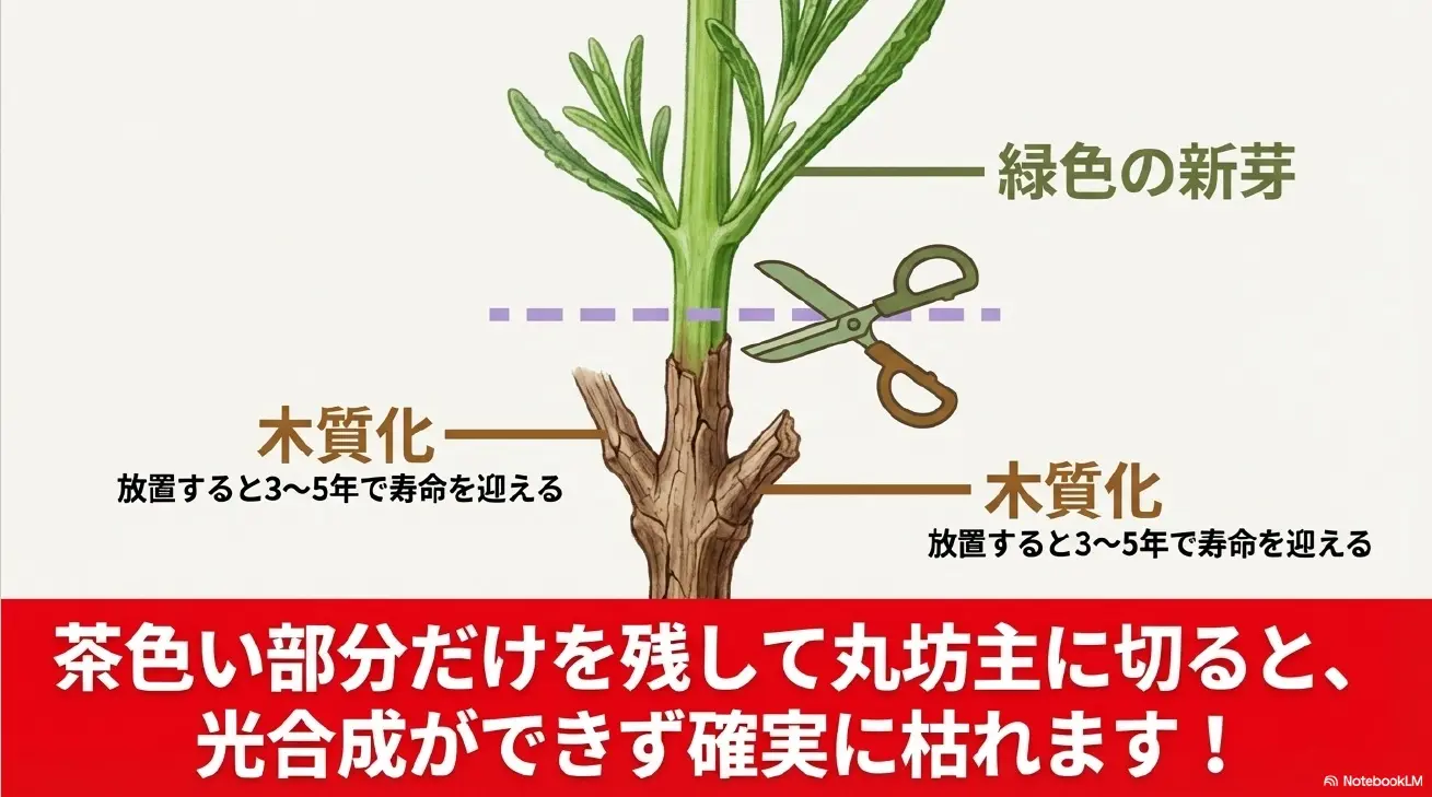 ラベンダーは放置すると木質化するため緑色の新芽を残して剪定する。茶色い部分で切ると枯れる