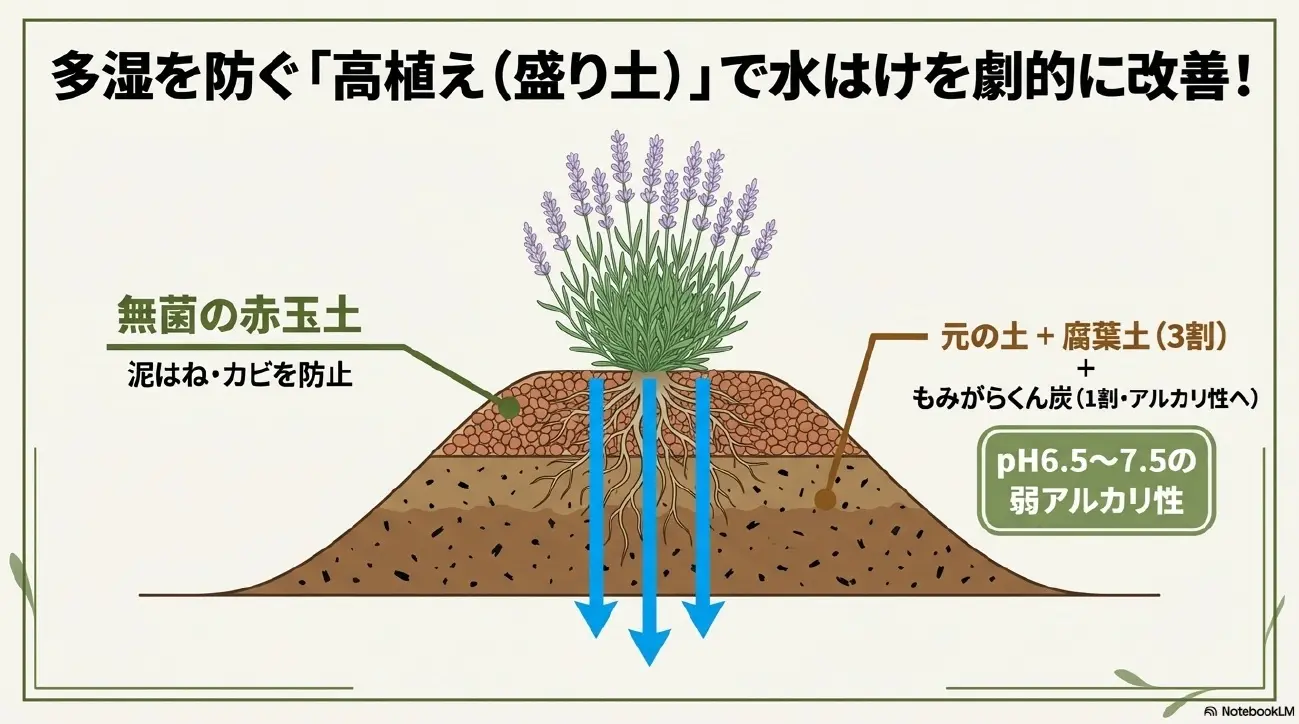 腐葉土ともみがらくん炭で弱アルカリ性にし、無菌の赤玉土で高植えにして多湿を防ぐ