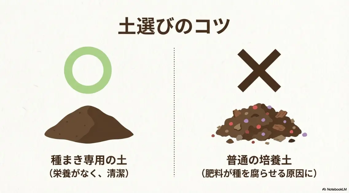 肥料が含まれる普通の培養土ではなく、清潔な種まき専用の土を選ぶコツ