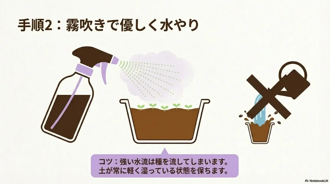 強い水流を避け、霧吹きで優しく水やりをして土を軽く湿らせておく手順
