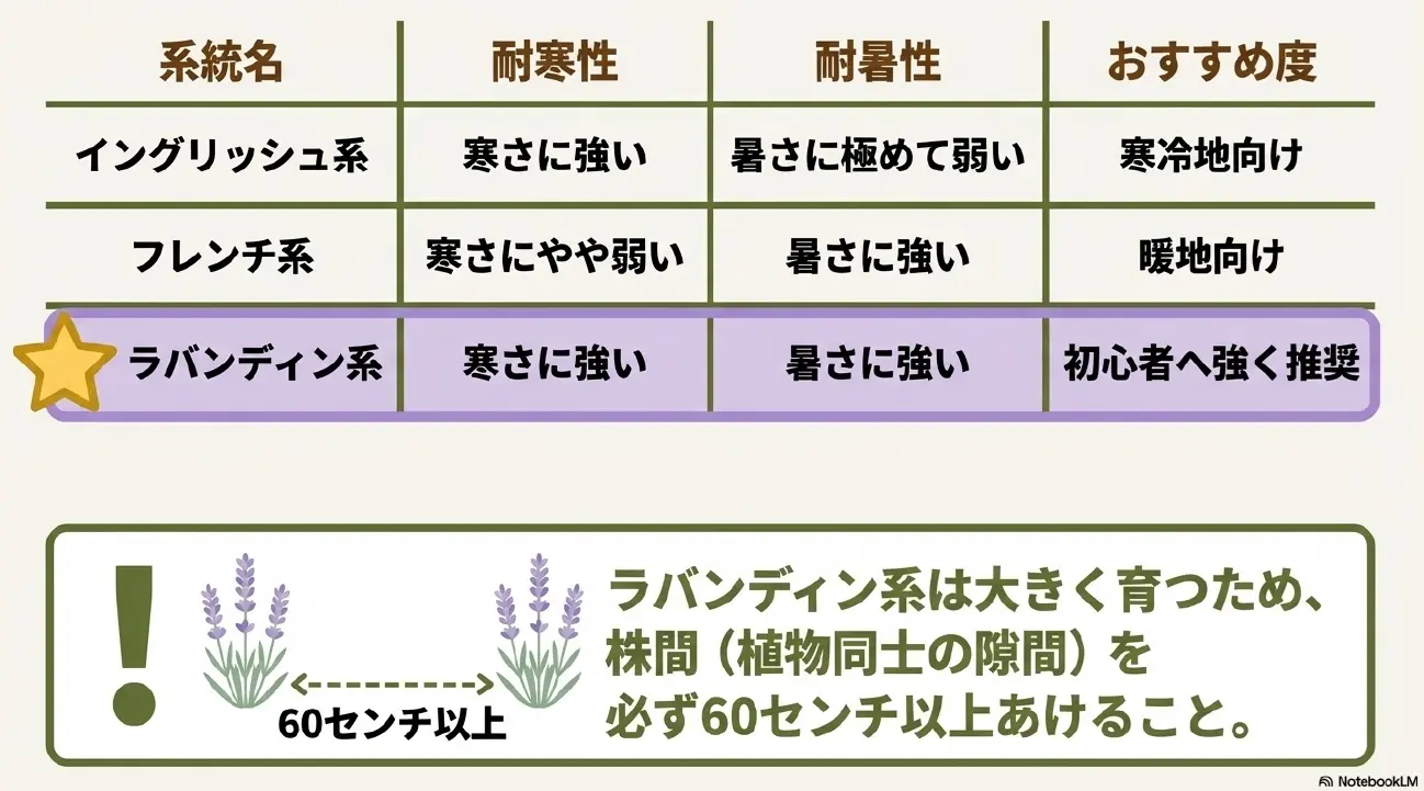 初心者にはラバンディン系がおすすめ。大きく育つため株間は必ず60センチ以上あける