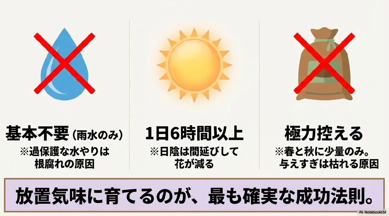 ラベンダーは基本雨水のみで水と肥料は極力控える。日照時間は1日6時間以上を確保する