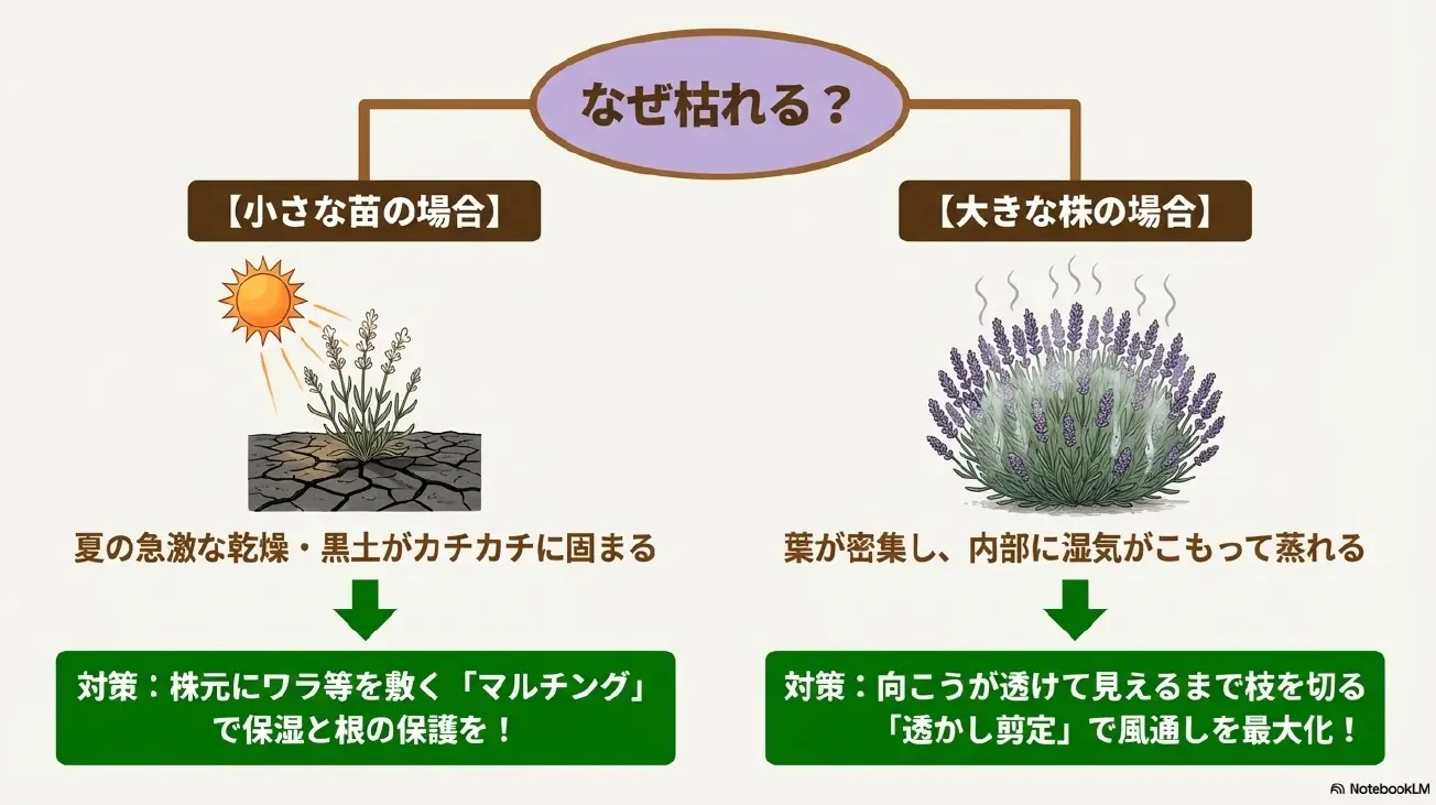 小さな苗は夏の乾燥対策としてマルチング、大きな株は多湿対策として透かし剪定を行う