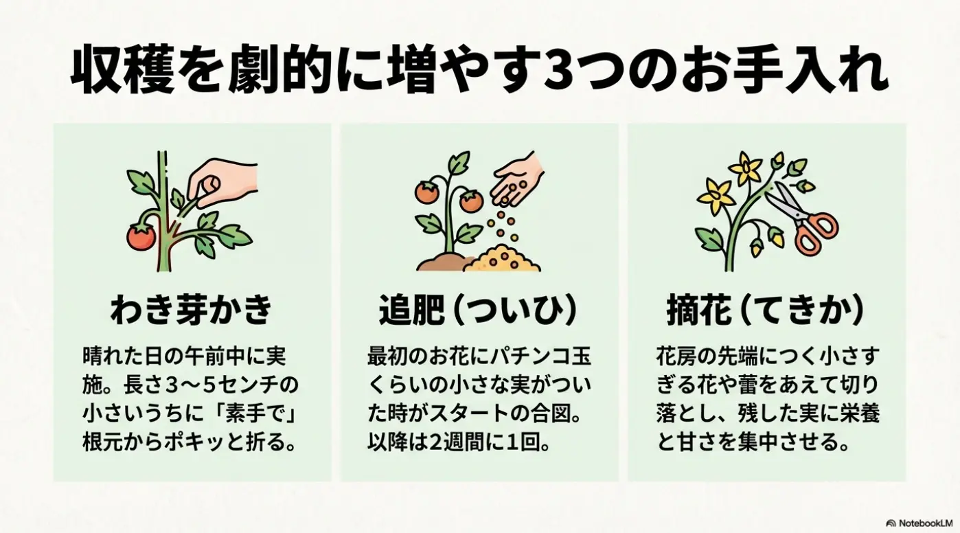 ミニトマトのわき芽かき、追肥、摘花の手順を示すイラスト