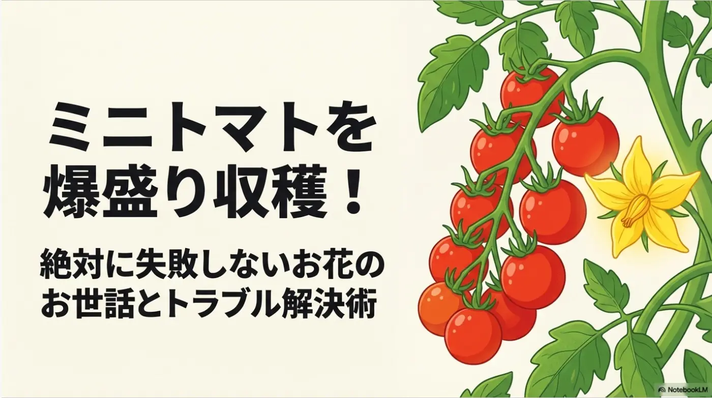 たわわに実った赤いミニトマトと黄色い花のイラスト