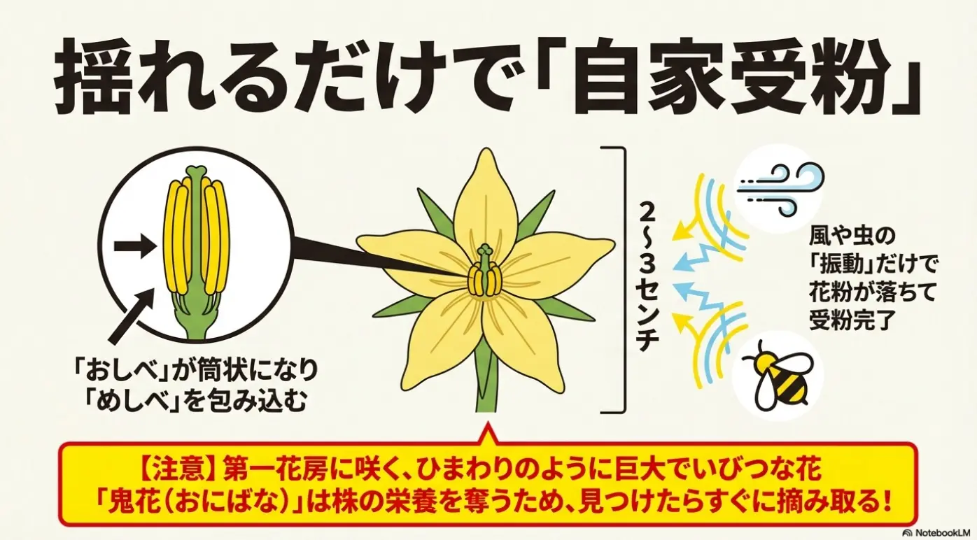 ミニトマトの黄色い花の構造（おしべとめしべ）を図解したイラスト