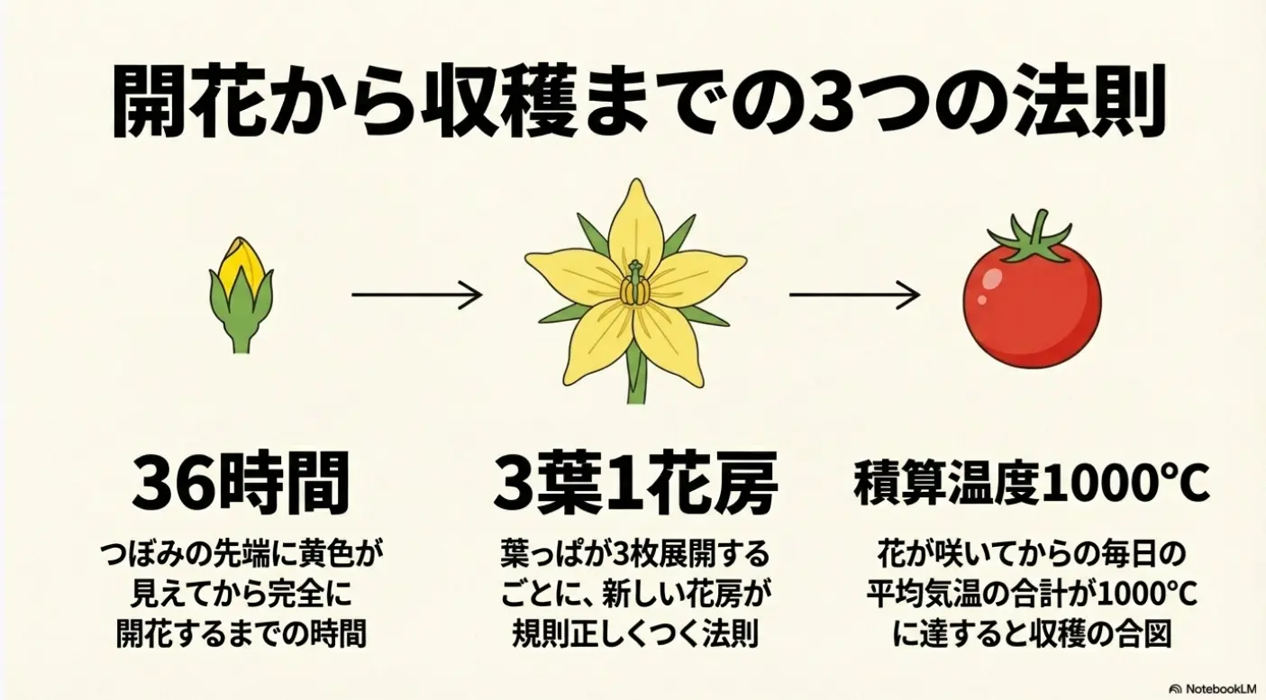 ミニトマトの開花時間、花房のつき方、積算温度の法則をまとめたイラスト