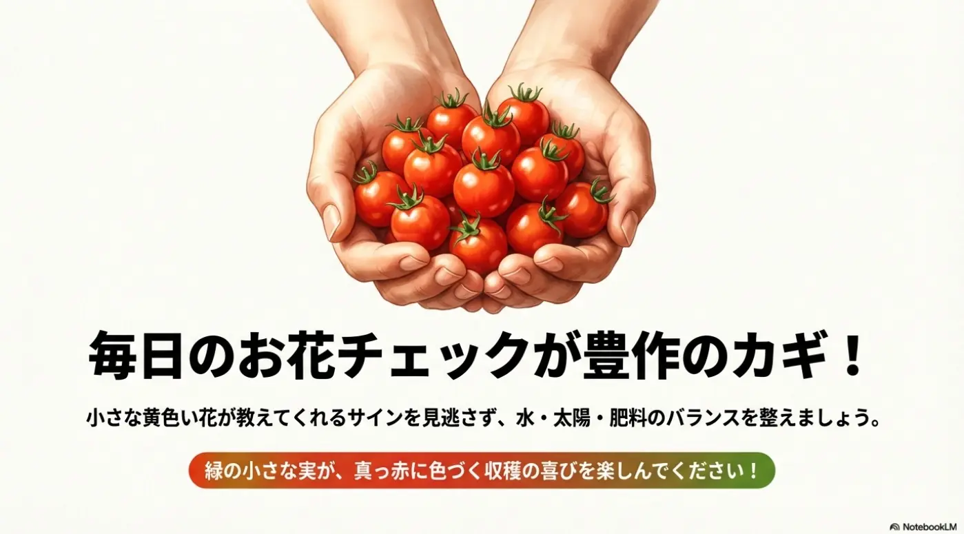 両手いっぱいに収穫されたツヤツヤの赤いミニトマトのイラスト